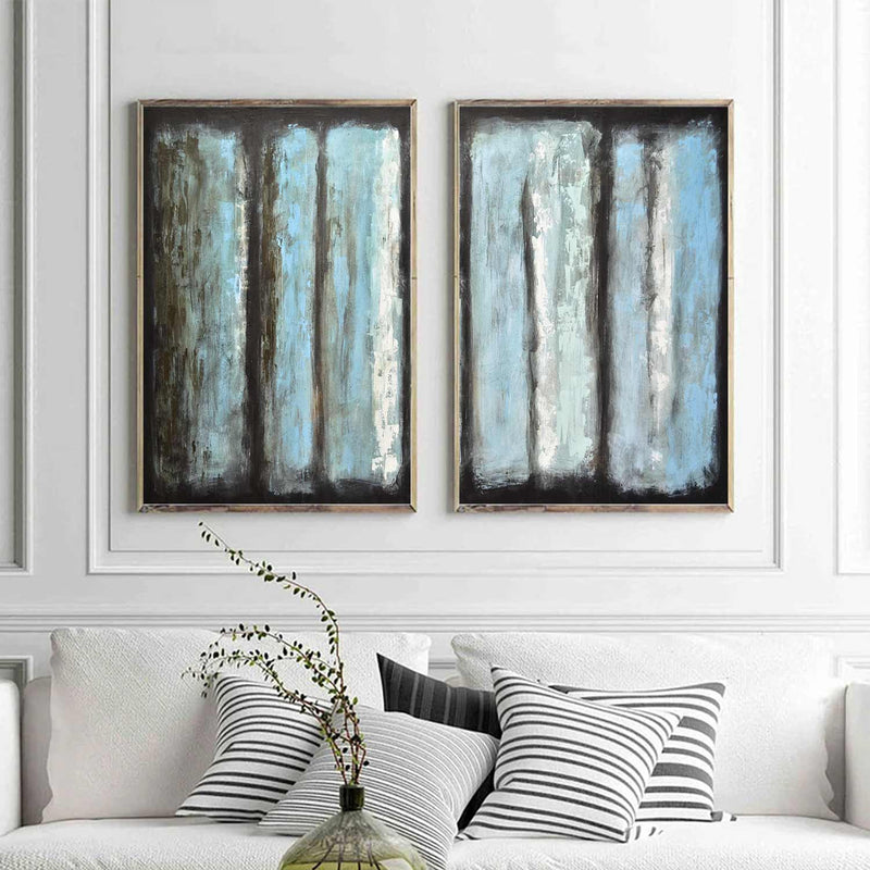 2 Panels Abstract Brown Blue Paintings Large Oversized Art