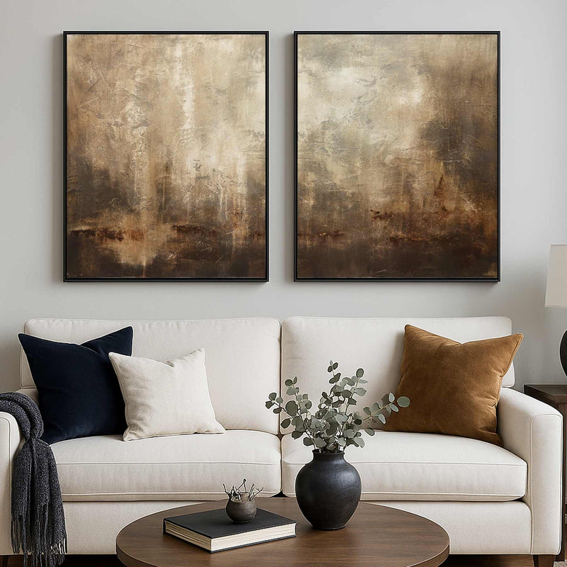 Set Of Two Brown above couch Wabi Sabi Abstract Paintings 2 Panel Wall Art