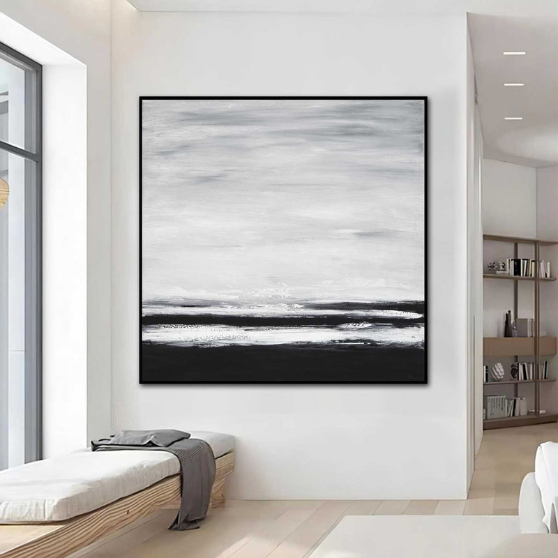 Square Black White Minimal Landscape Painting in Living room