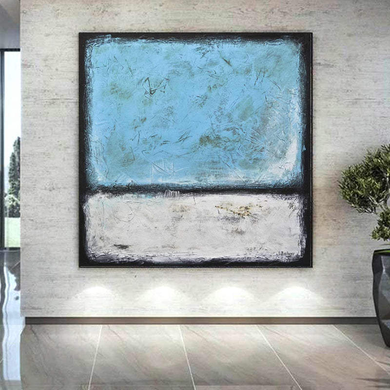 72x72 Cool Cyan Rothko Inspired Vintage Framed Painting Plaster Texture