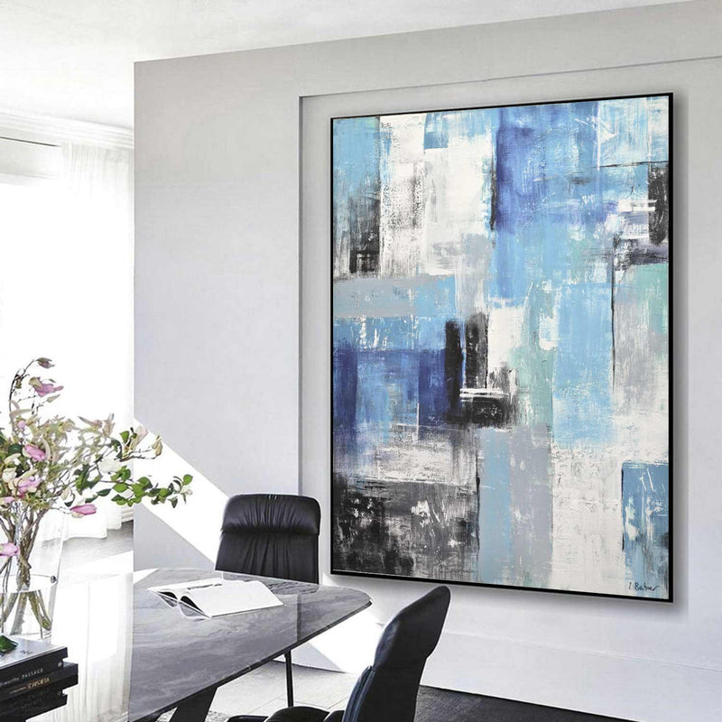 Blue White Abstract Geometric Blocks Art