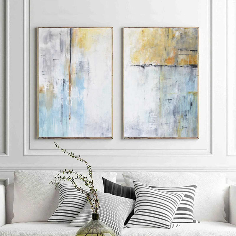 Blue Yellow Set Of Two Abstract Paintings Contemporary