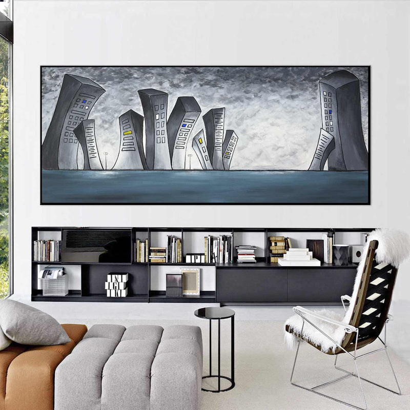 Gray Pop Art Skyline Painting Downtown Buildings Wide Handmade