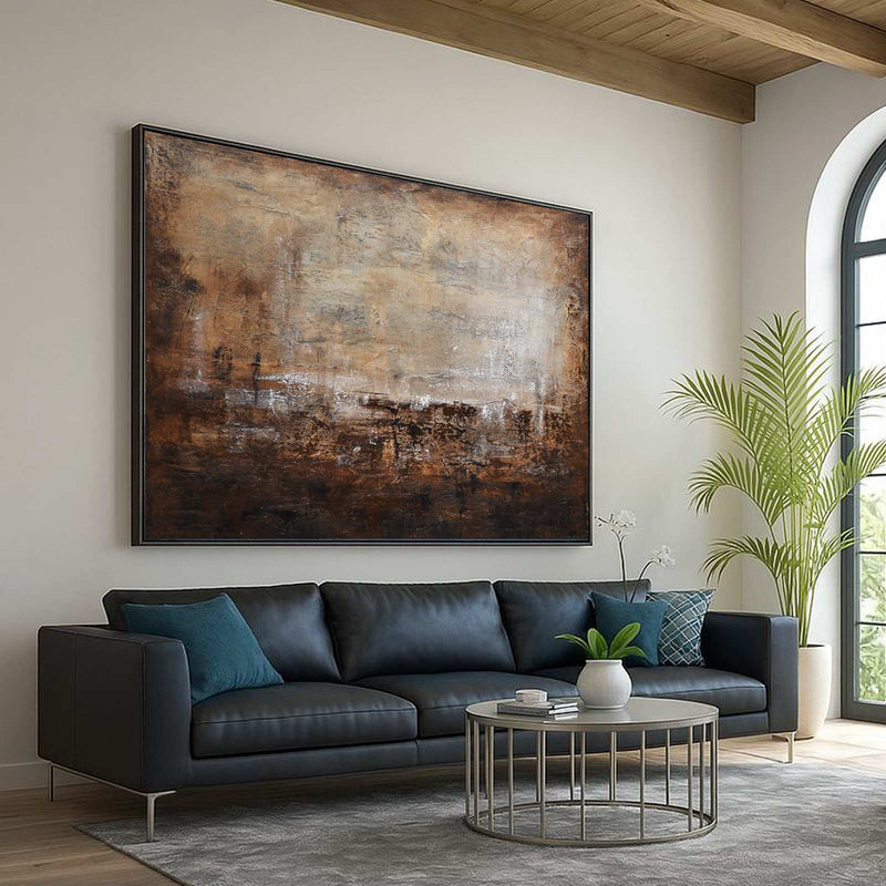 Horizontal Brown Painting Above Couch Wabi Sabi Abstract