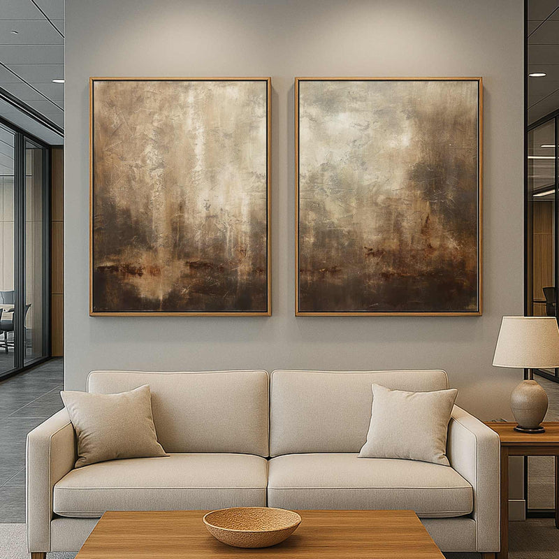 Set Of Two Brown Wabi Sabi Abstract Paintings 2 Panel office Wall Art
