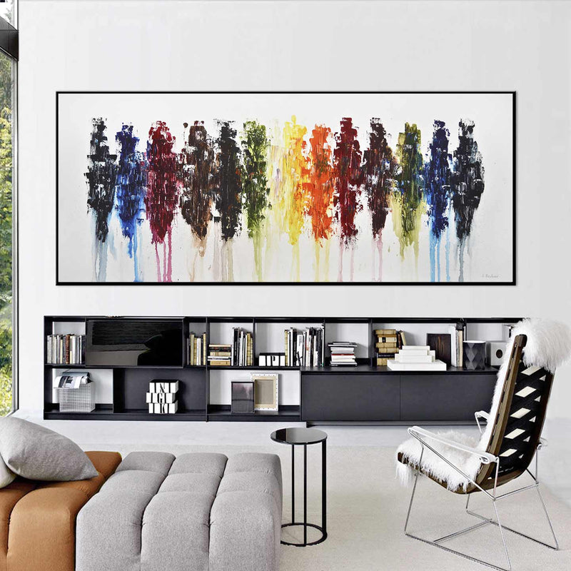 Multicolor Large Wide Rainbow Abstract Framed Art On Canvas