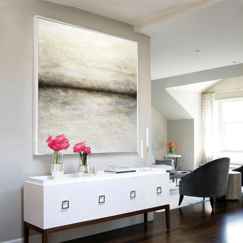 Original Minimal Plaster Horizon Line Painting Light Beige Brown Muted Colors