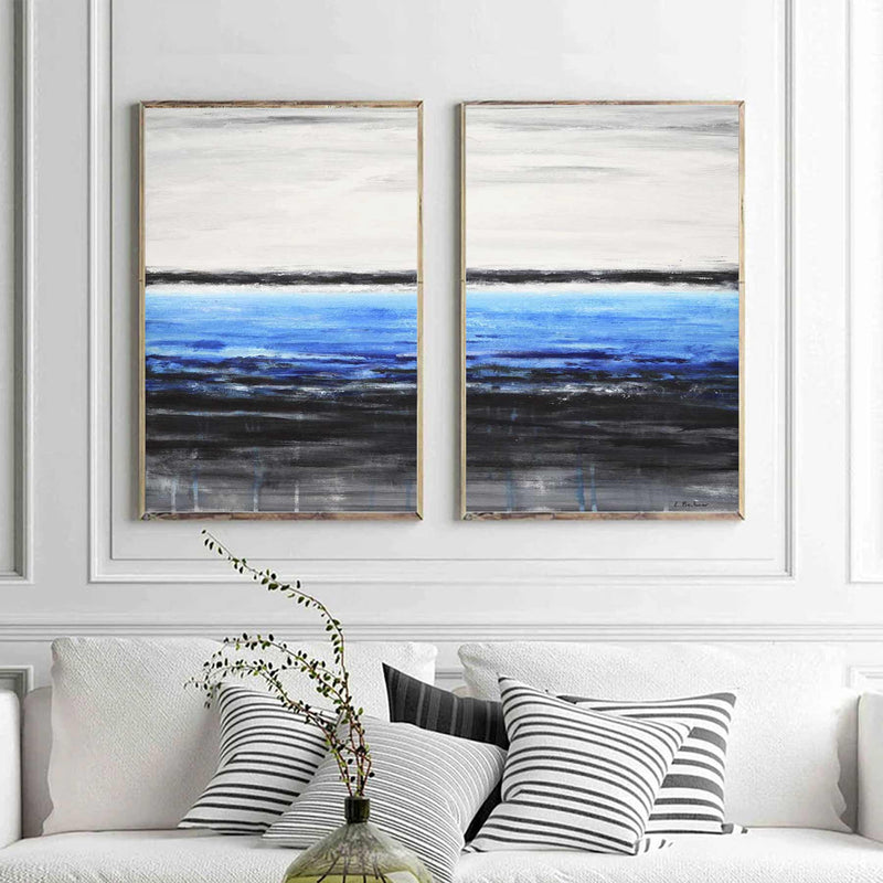Seashore Coastal Black Blue Painting 2 Panel Hand Painted