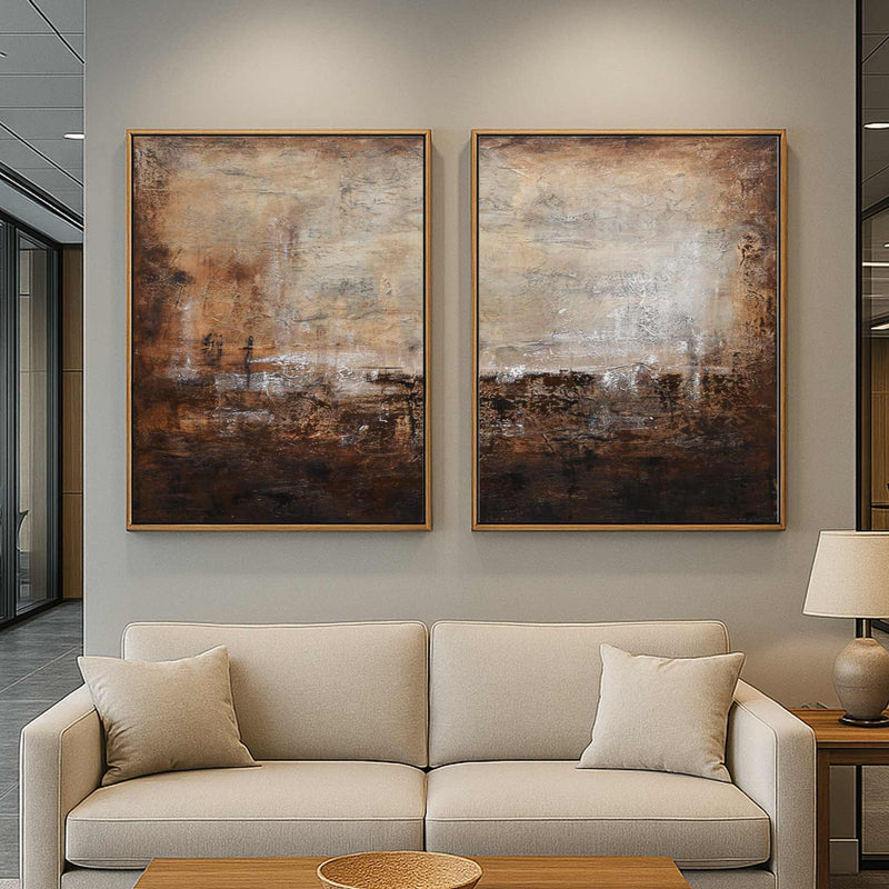Set Of 2 Brown Abstract Paintings For Large Walls Modern Canvas