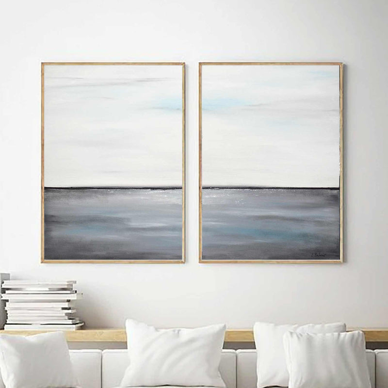 Subtle Duo Paintings Gray White Horizon Line Large Scale Art