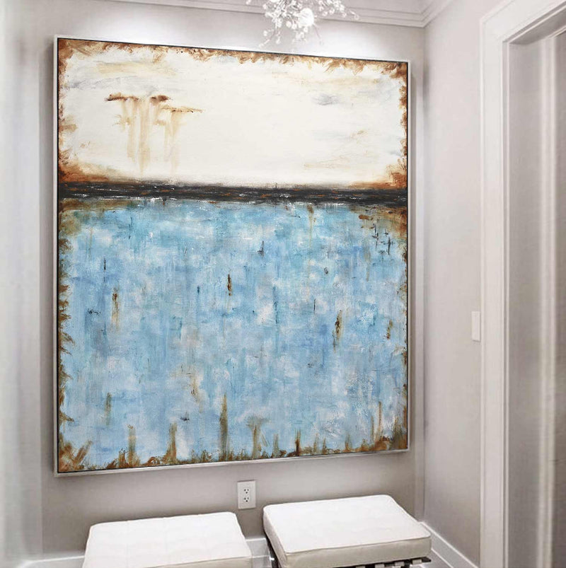 Very Large Wood Framed Blue White Painting Home Decoration