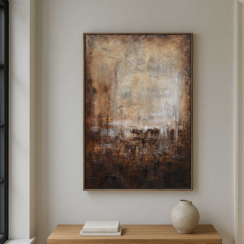 Warm Brown Abstract Painting Wabi Sabi Art Large Framed Mixed Media