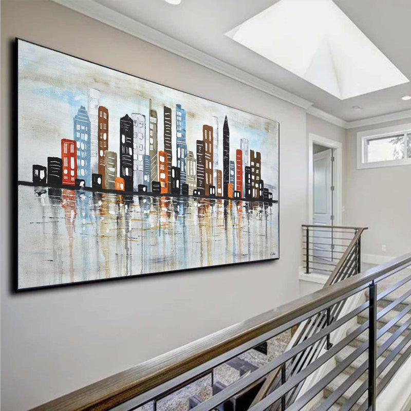 Wide Architectural City Painting Earth Tone Colors Metropolitan Pop Art