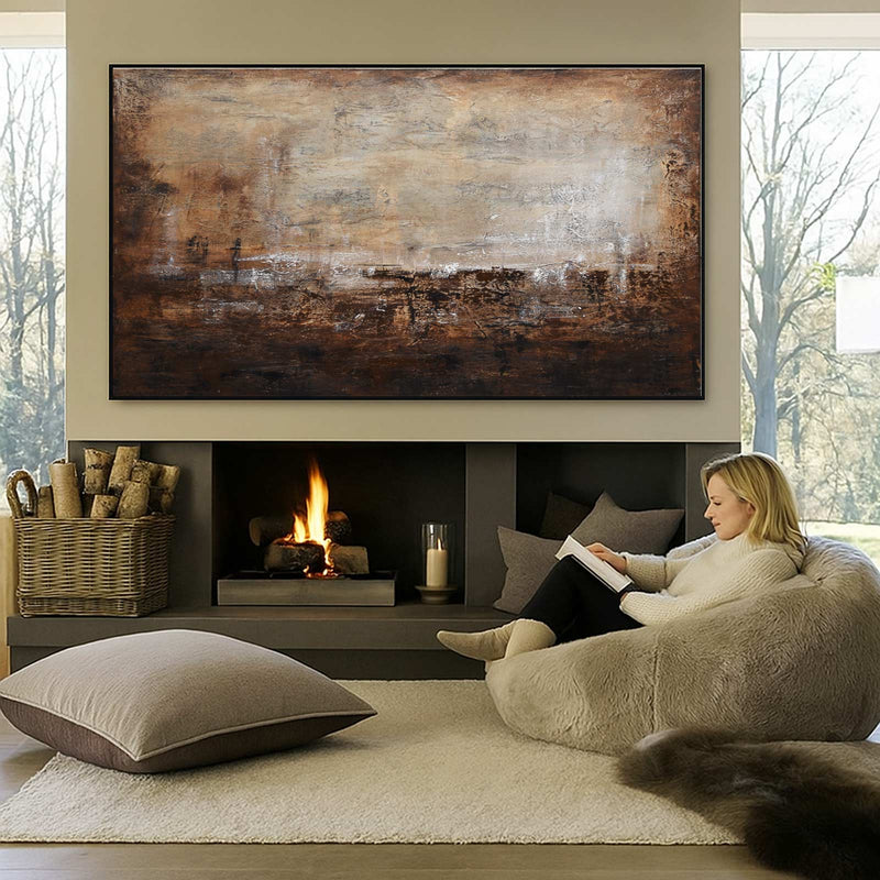 Horizontal Brown Painting Above Couch Wabi Sabi Abstract