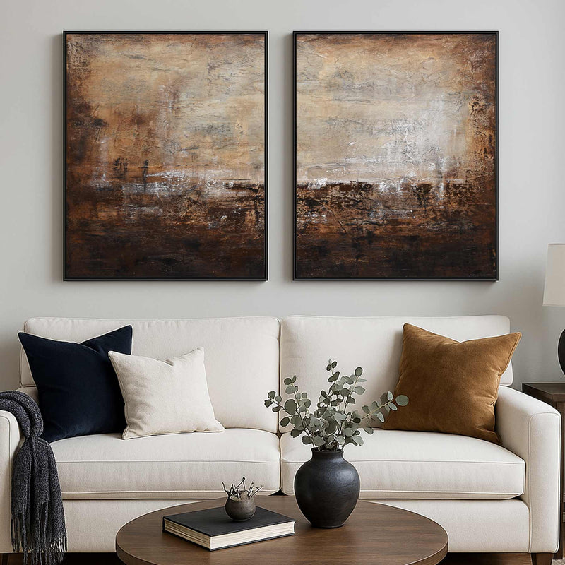 Set Of 2 Brown Abstract Paintings For Large Walls Modern Canvas "Alive"