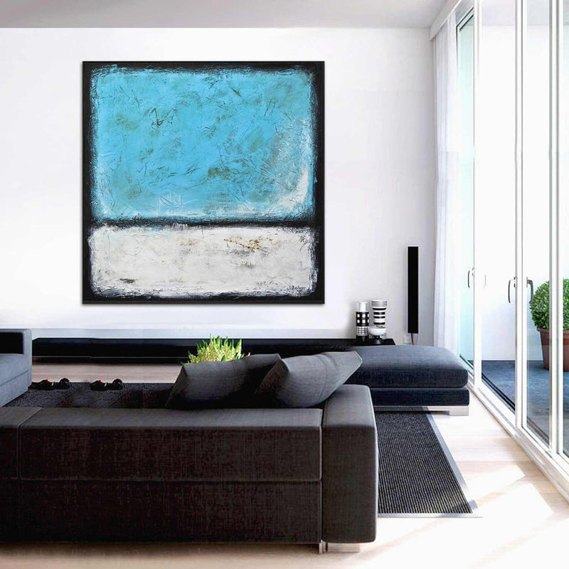 Cool Cyan Rothko Inspired Vintage Framed Painting Plaster Texture