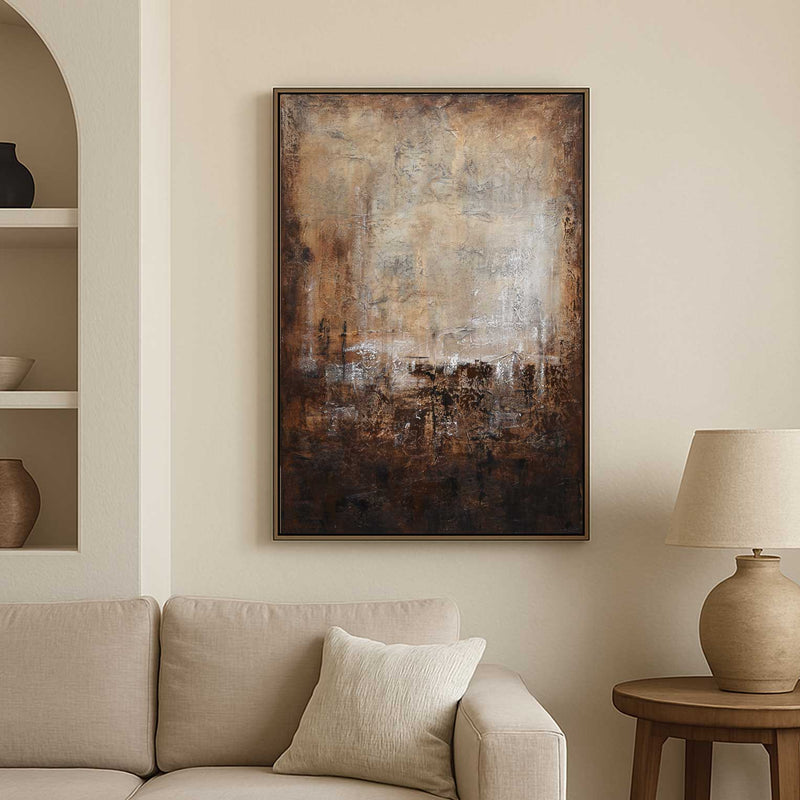 Warm Brown Abstract Painting Wabi Sabi Art Large Framed Mixed Media