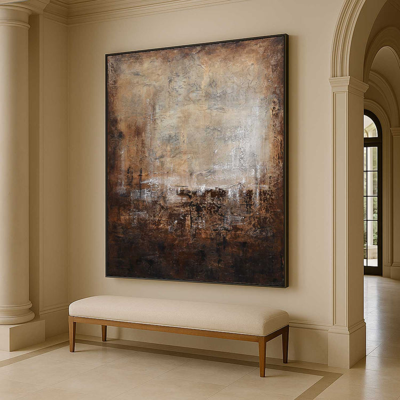 Warm Brown Abstract Painting Wabi Sabi Art Large Framed Mixed Media