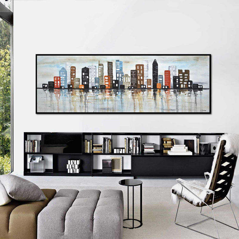 panoramic Wide Architectural City Painting Earth Tone Colors Metropolitan Pop Art