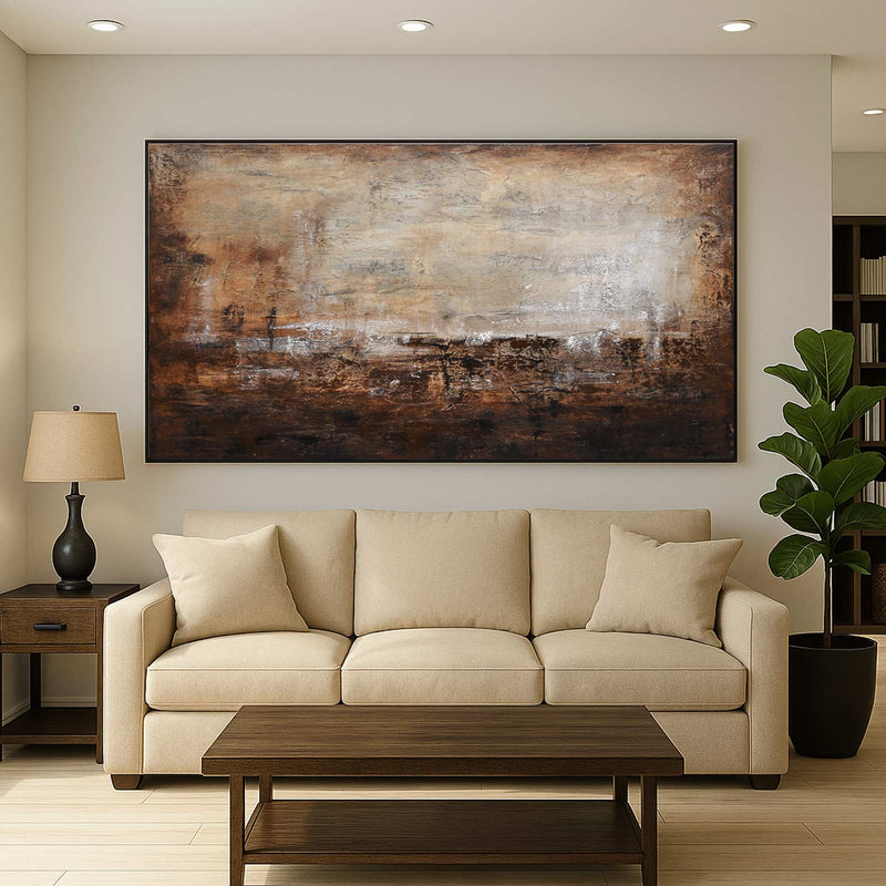 Horizontal Brown Painting Above Couch Wabi Sabi Abstract