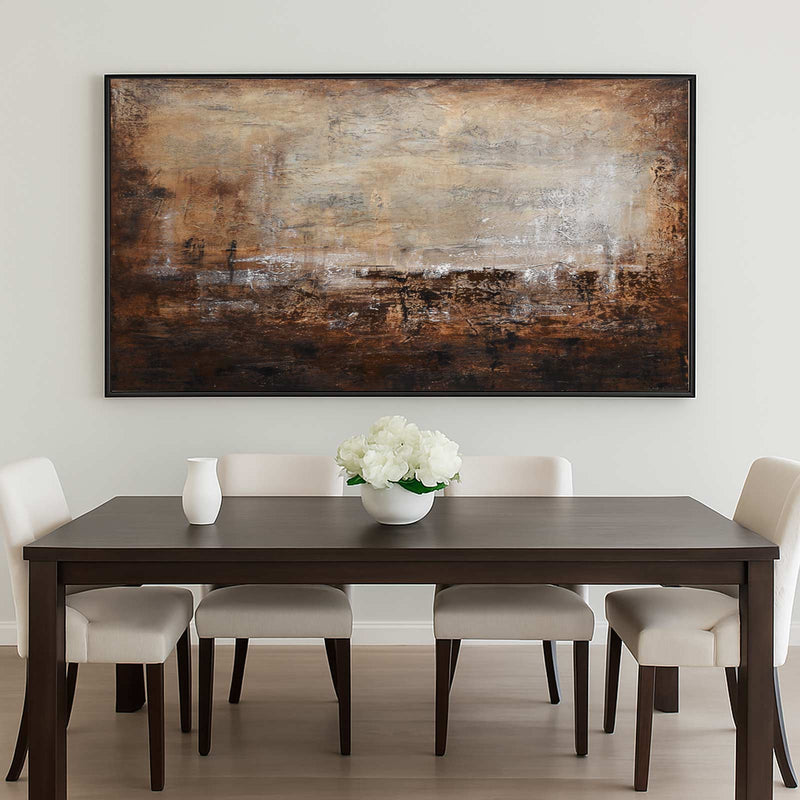 Horizontal Brown Painting Above Couch Wabi Sabi