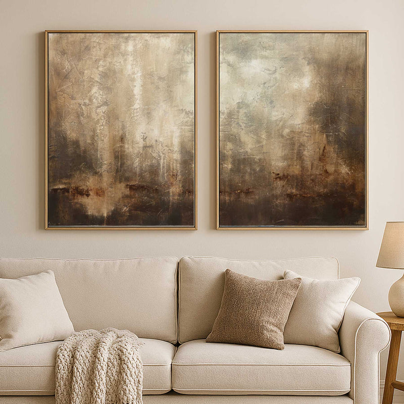 Duo Set Of Two Brown Wabi Sabi Abstract Paintings 2 Panel Wall Art