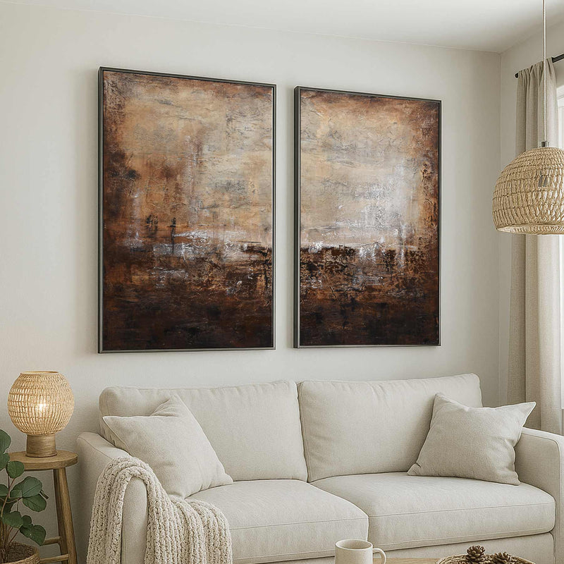 Set Of 2 Brown Abstract Paintings For Large Walls Modern Canvas "Alive"