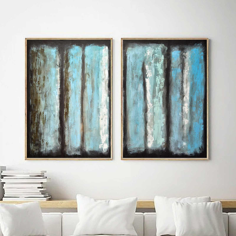 2 Panels Abstract Brown Blue Paintings Large