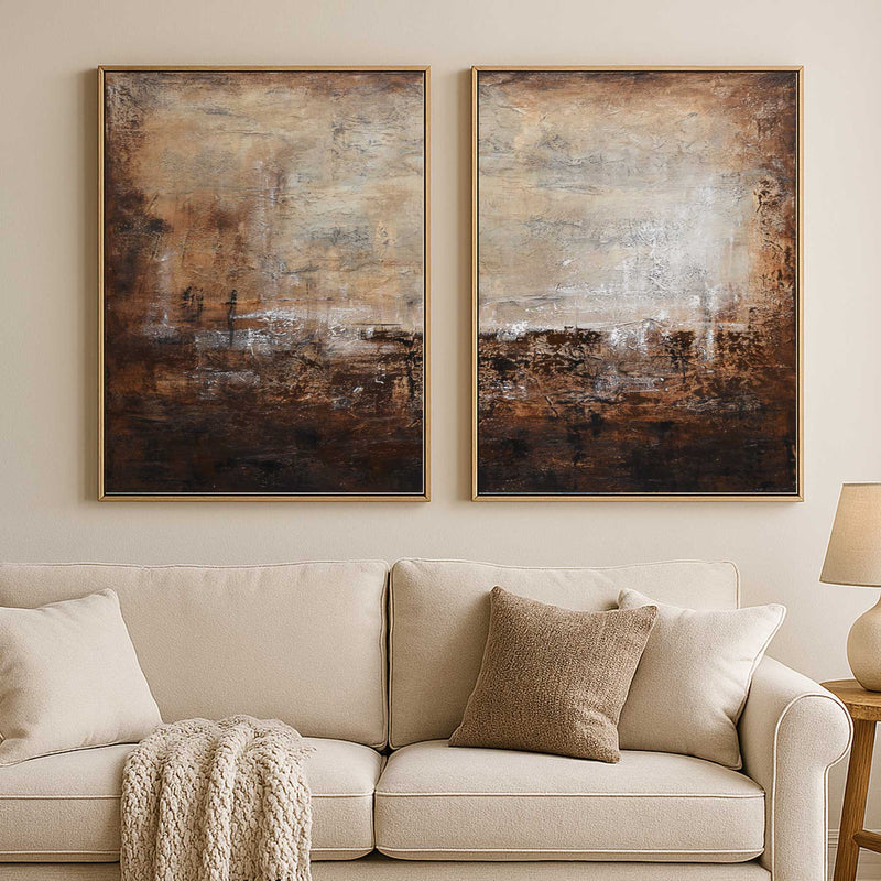 Set Of 2 Brown Abstract Paintings For Large Walls Modern Canvas "Alive"