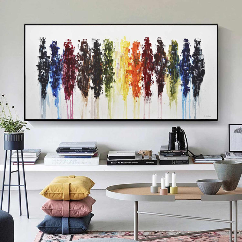 Multicolor Large Wide Rainbow Abstract Framed Art On Canvas