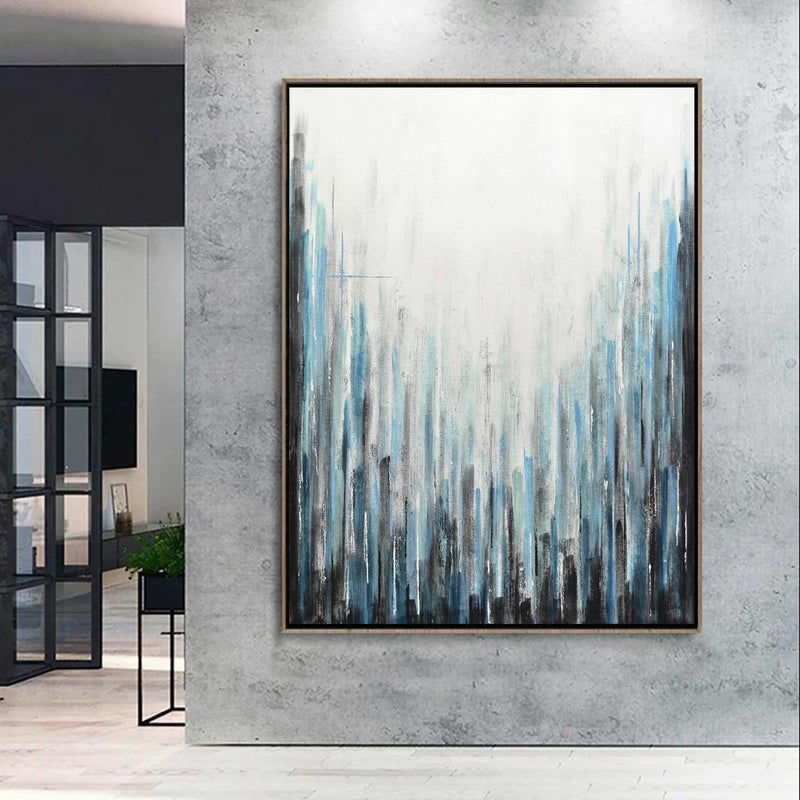 Abstract Stripes Painting Blue White oversized on wall