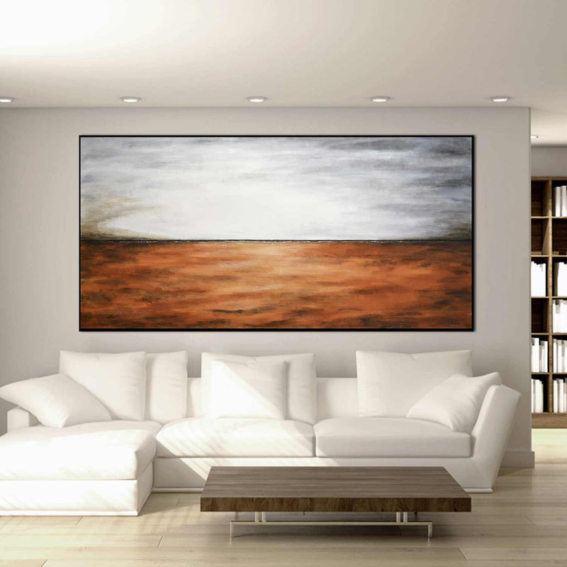 Long Wide Landscape Painting Above Bed Gray Brown Hand Painted