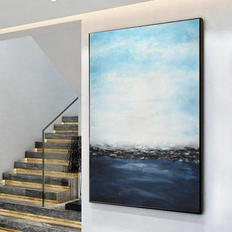 vertical Sea And Sky Painting Handmade Blue Ocean Waves Oil On Canvas