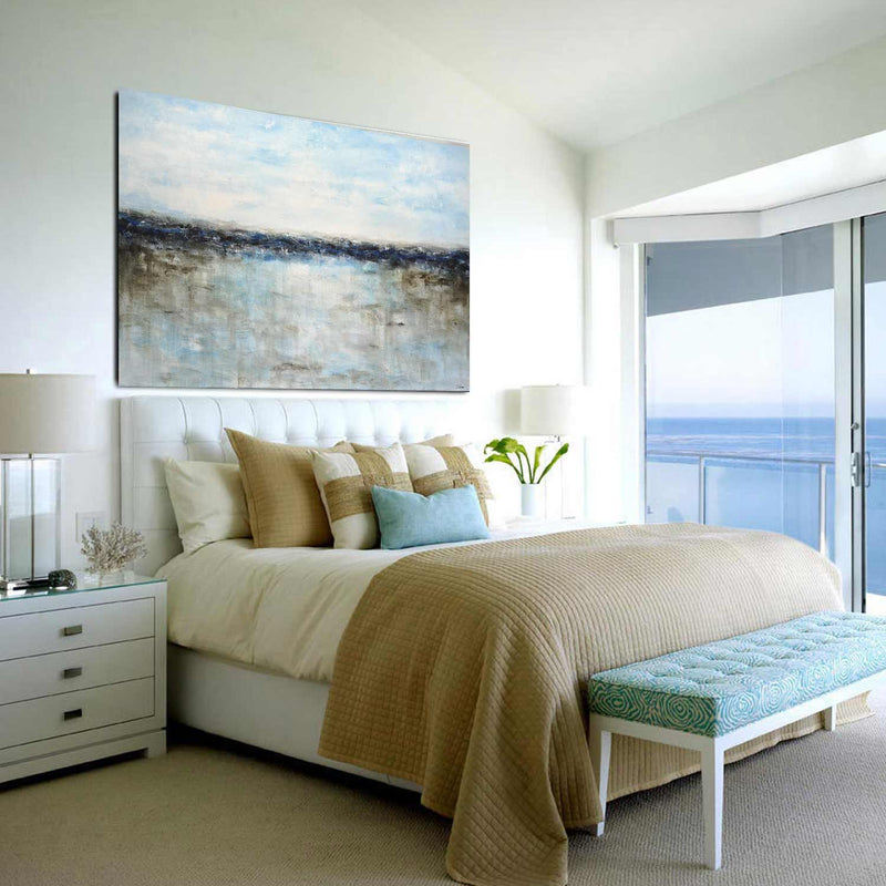seascape artwork above bed for bedroom