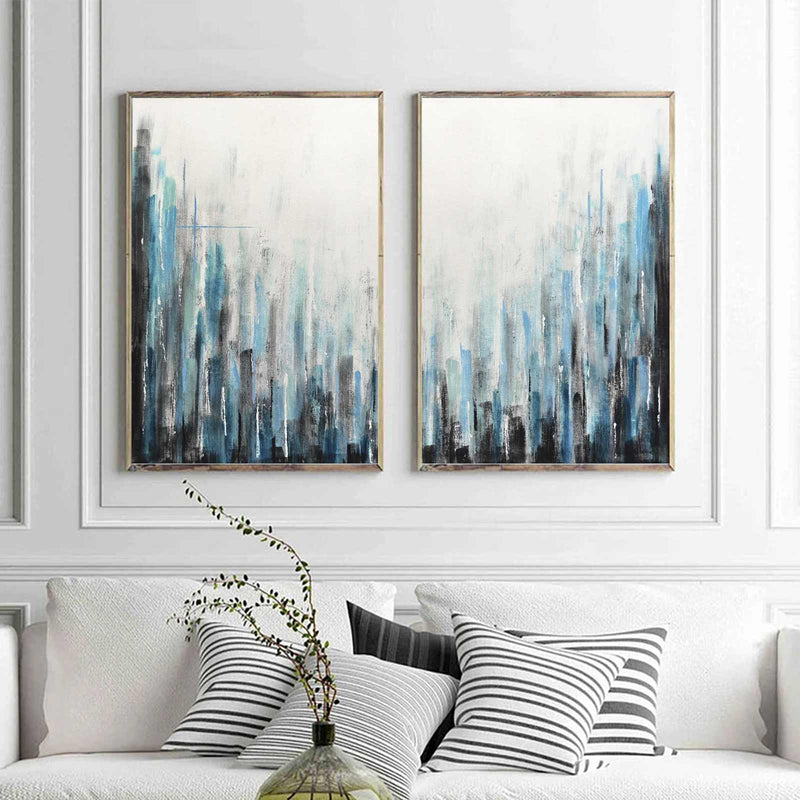Geometric Lines Painting White Blue set of 2