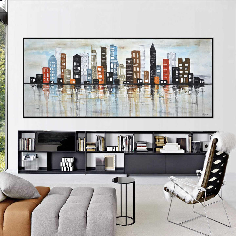 cityscape Wide Architectural City Painting Earth Tone Colors Metropolitan Pop Art