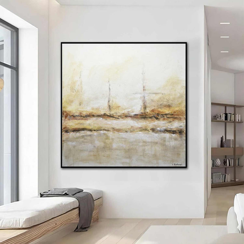 square Neutral Tone Abstract Painting For Bedroom Sienna Beige Impressionist