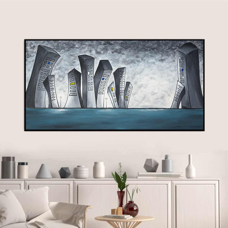 urban Gray Pop Art Skyline Painting Downtown Buildings Wide Handmade