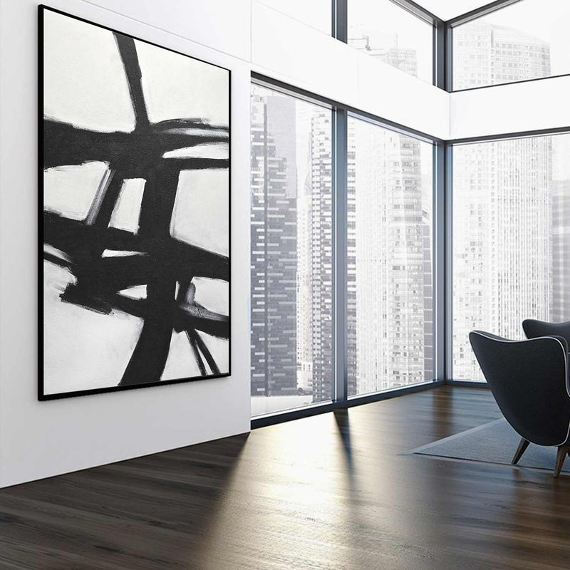 large vertical Geometric Forms Expressive Abstract Black White Painting Atomic Era