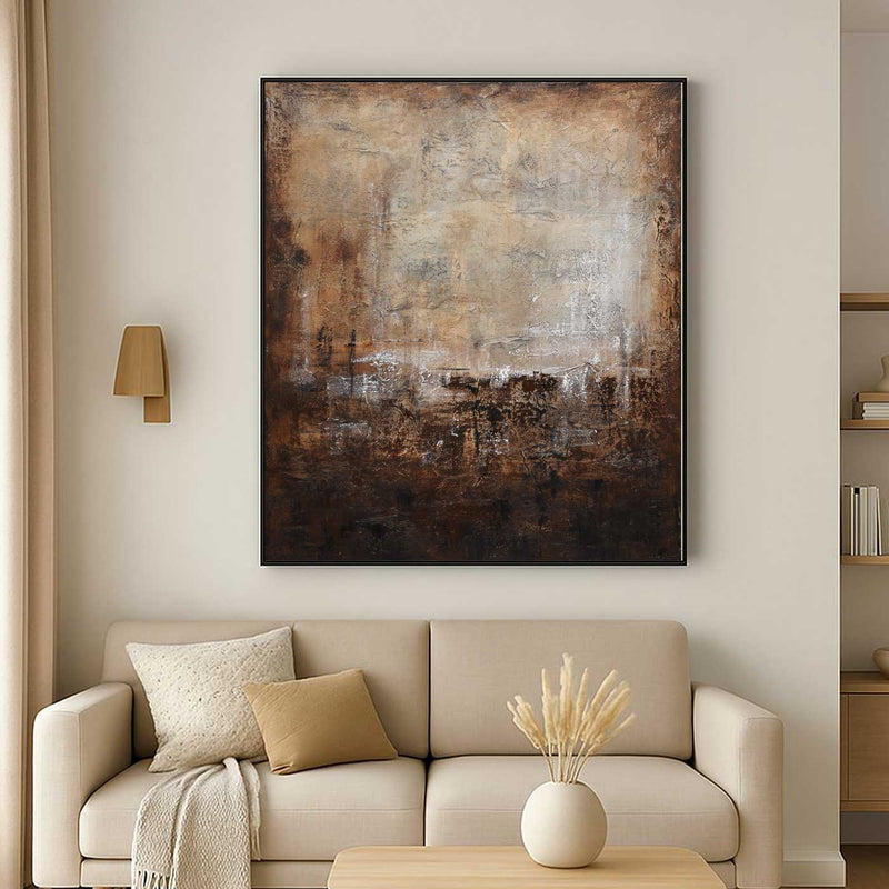 Warm Brown Abstract Painting Wabi Sabi Art Large Framed Mixed Media