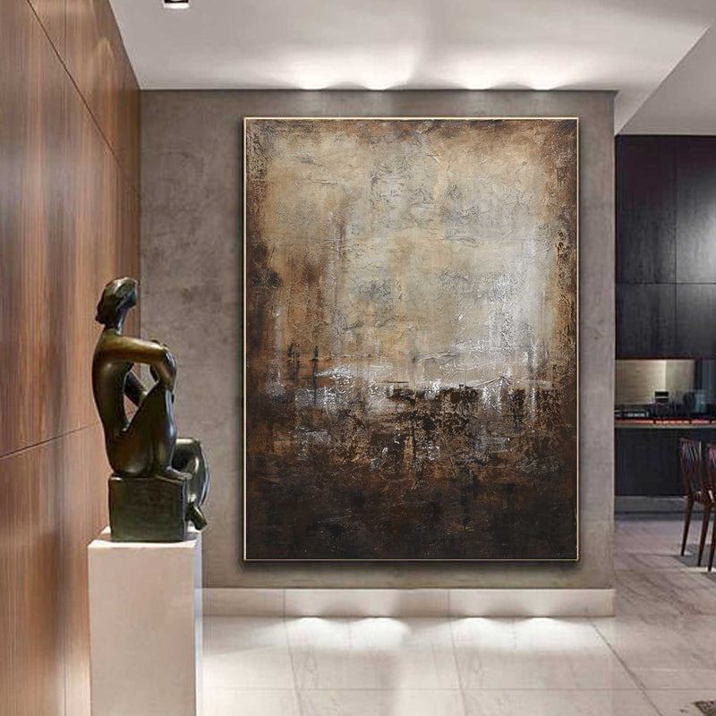 Warm Brown Abstract Painting Wabi Sabi Art Large Framed Mixed Media