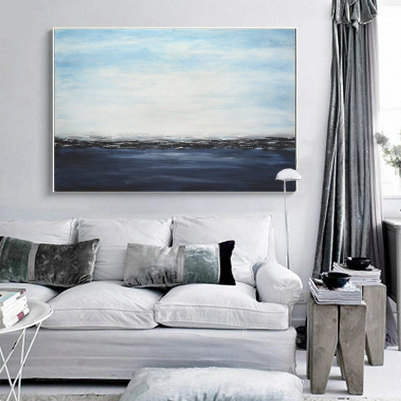 Landscape Dark Blue Coastal Scene Painting Clouds Ocean Horizontal Format Seascape