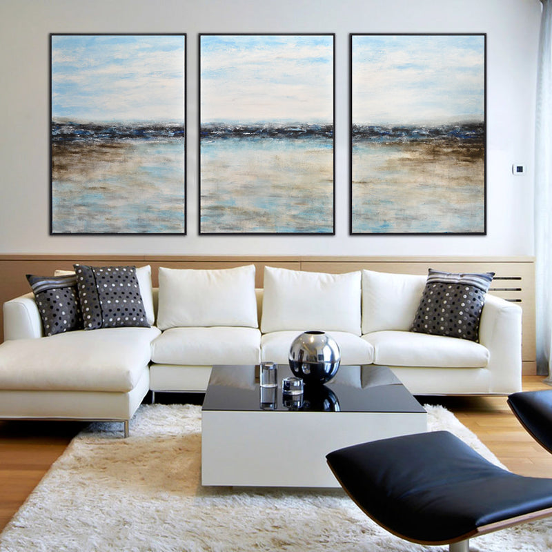 large set of 3 triptych landscape blue white artwork