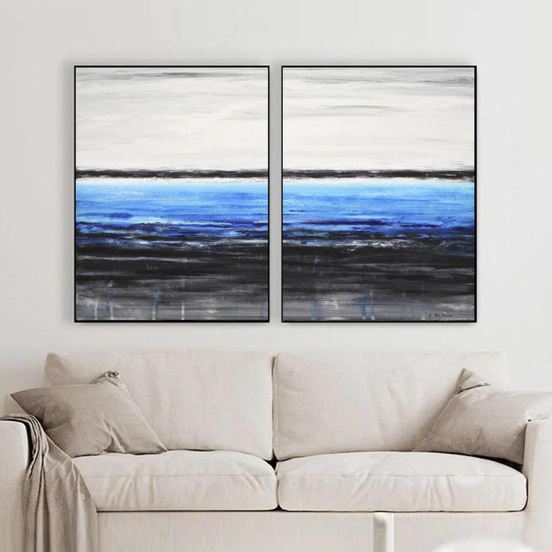 Coastal Black Blue Painting 2 Panel Hand Painted