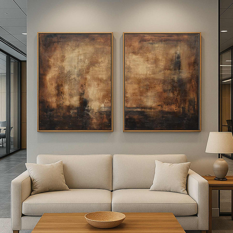 2 Panel Contemporary Original Oil Paintings Brown Office Space