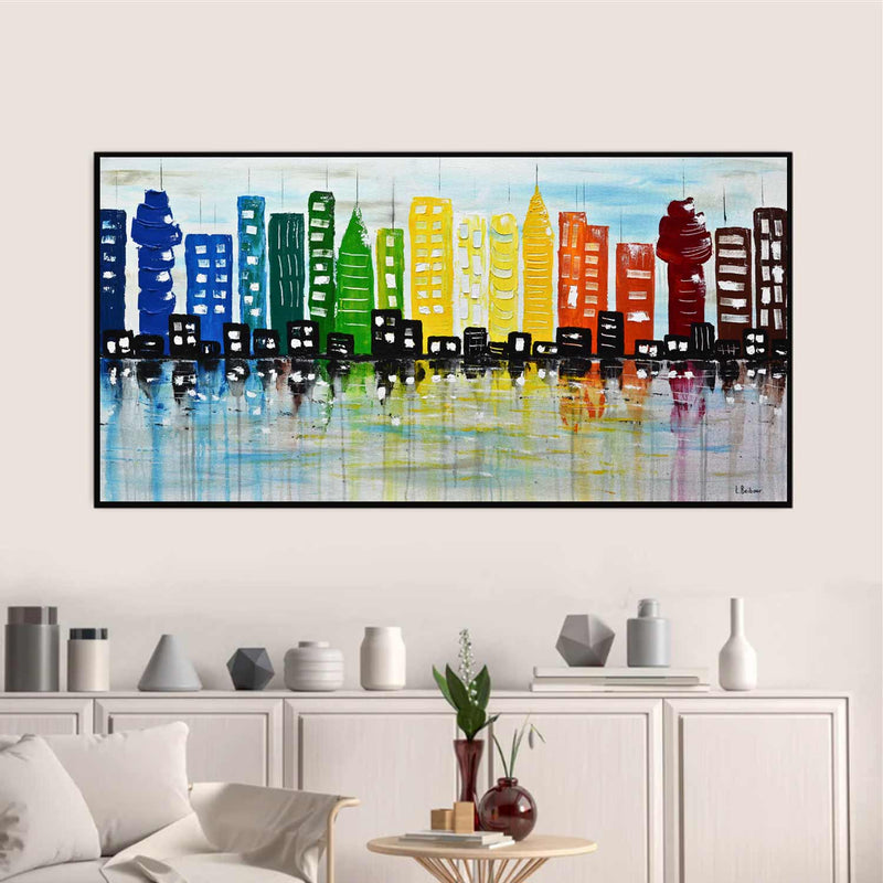 Abstract Cityscape Skyline Oil Modern Art 