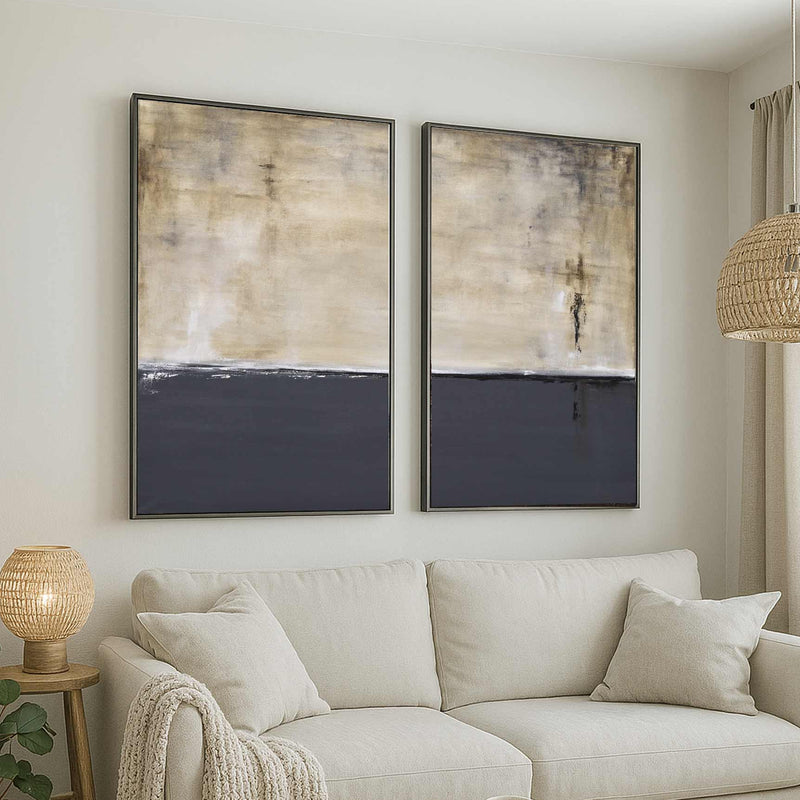 Calming Wall Art Set Of Two Gray Beige Paintings Above Sofa