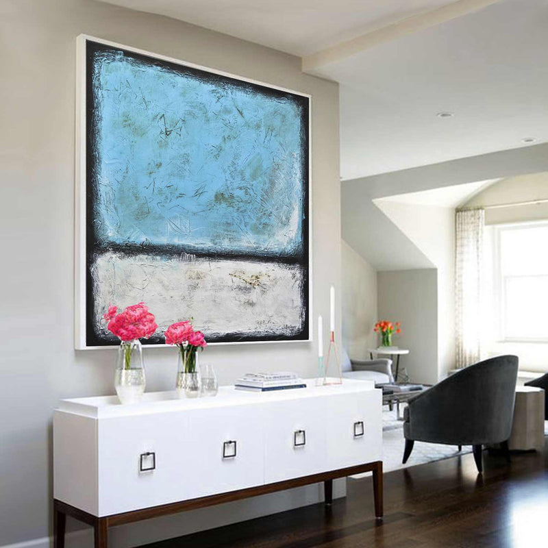 Cool Cyan Rothko Inspired Vintage Framed Painting Plaster Texture