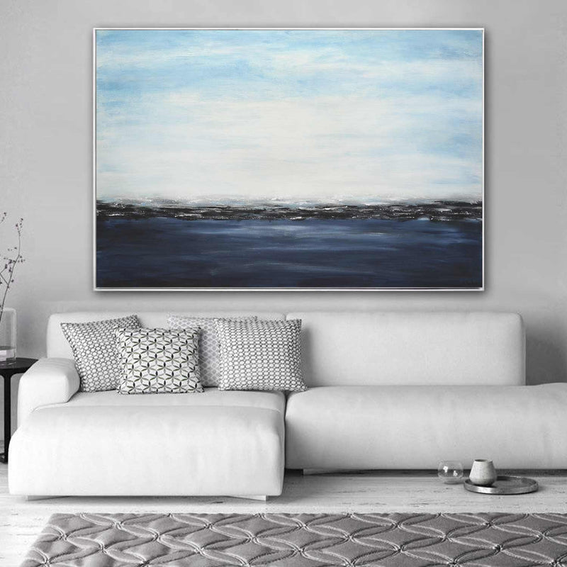 Dark Blue Coastal Scene Painting Clouds Ocean Horizontal Format