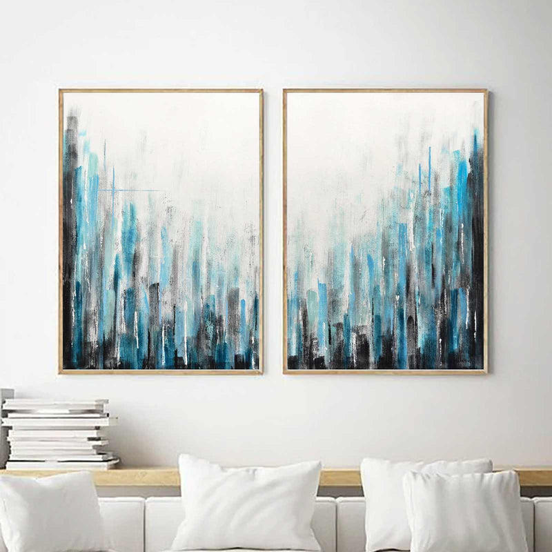 Geometric Lines Painting White Blue Framed Canvas